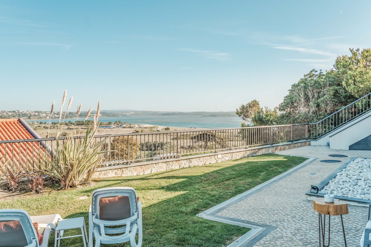 The garden and the lagoon beyond the terrace